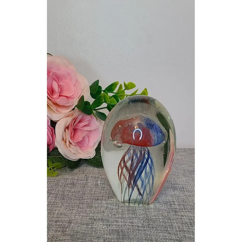 Art Glass Paper Weight Red & Blue Jelly Fish, 4in Tall